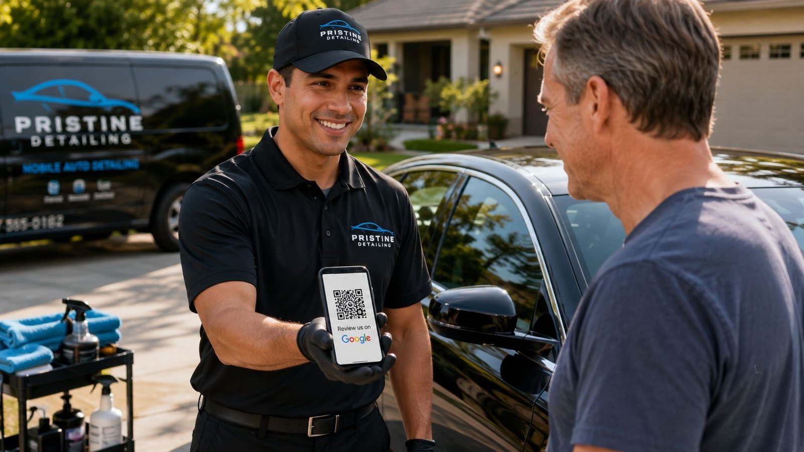 A professional mobile auto detailing technician holds a smartphone showing a Google review QR code for a customer.