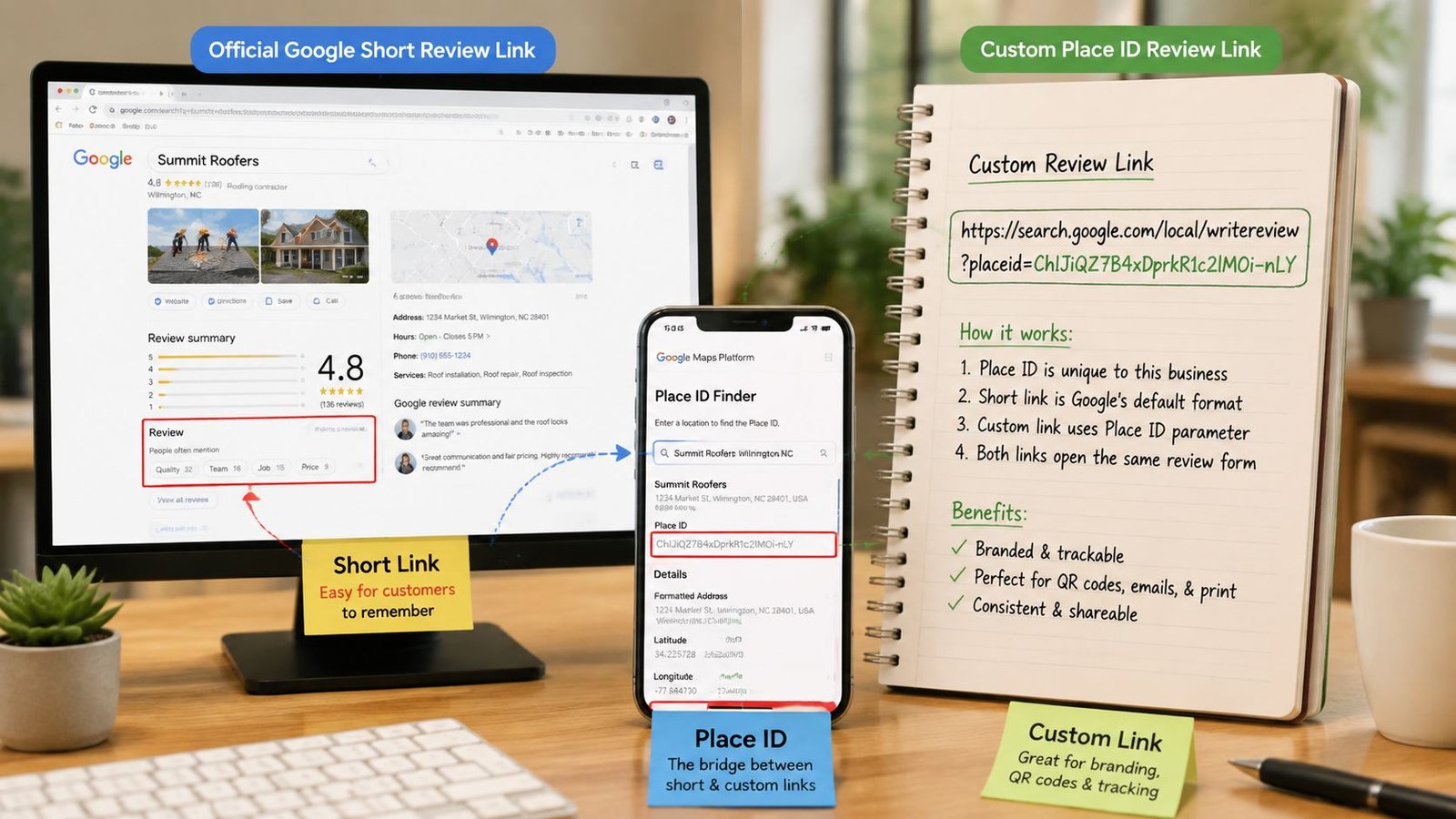 A diagram comparing Google short review links and custom place ID review links on computer and phone.