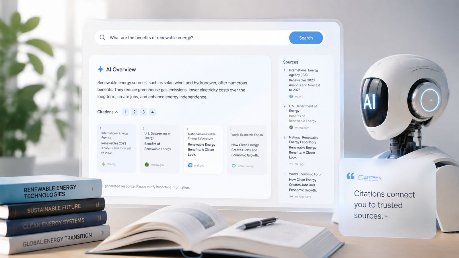 A digital interface showing AI-generated search results with citations, featuring a robot assistant and educational books.