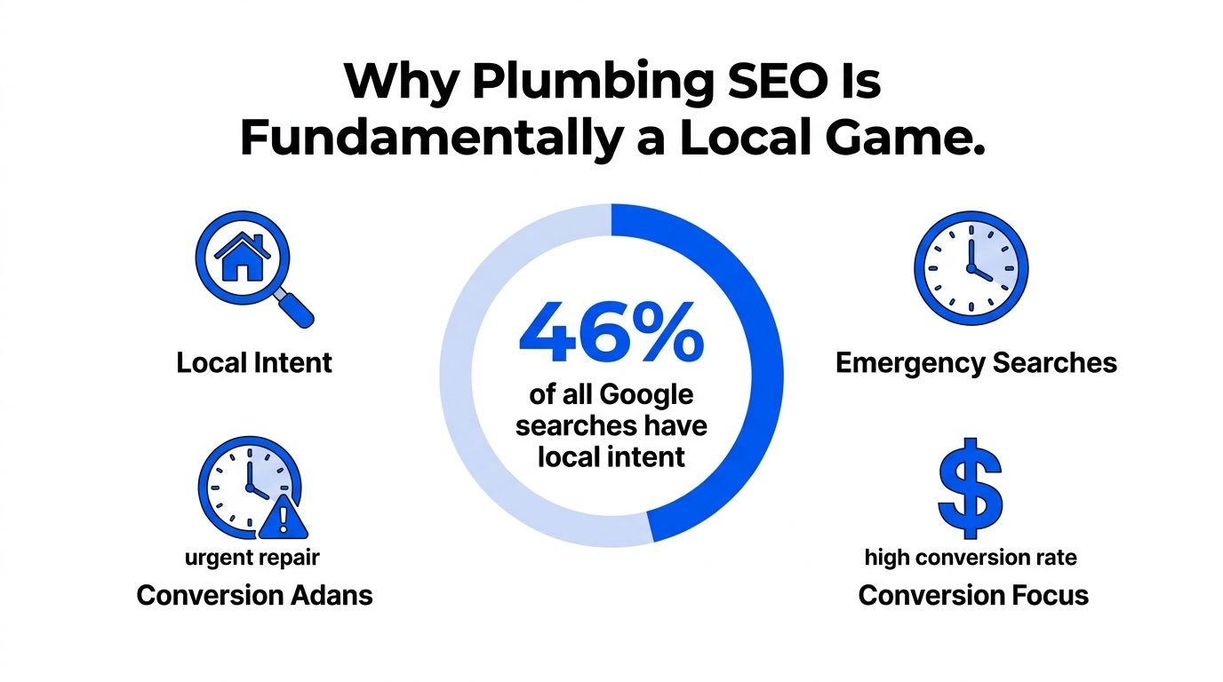 An infographic showing that 46 percent of Google searches have local intent, highlighting why plumbing SEO is local.